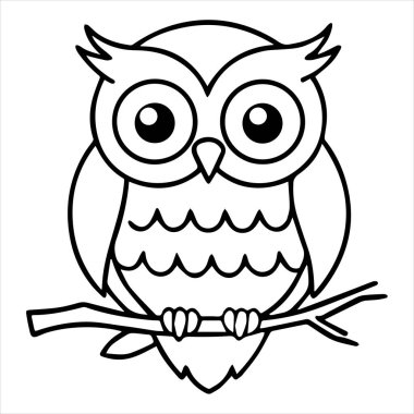 Baykuş resimli şirin bir karikatür, dalda büyük gözleri var.