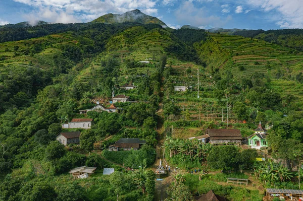 Bulutlu bir gökyüzünün altında tarlaları, evleri ve ağaçları olan yemyeşil bir tepe köyünün havadan görünüşü.