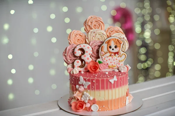 Birthday Cake Years Decorated Butterflies Gingerbread Kitten Icing Number Three — Stock Photo, Image