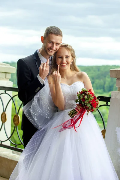 The bride and groom show rings on their fingers — Stock Photo, Image