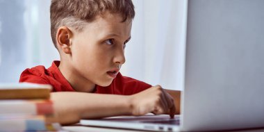 çocuk bir lapto aracılığıyla Internet üzerinde bilgi arıyor