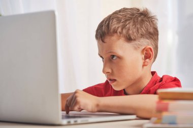 çocuk bir lapto aracılığıyla Internet üzerinde bilgi arıyor