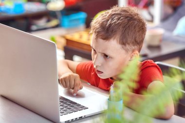 çocuk bir lapto aracılığıyla Internet üzerinde bilgi arıyor