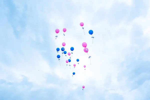 colorful balloons fly into the sky. on ribbons attached paper do