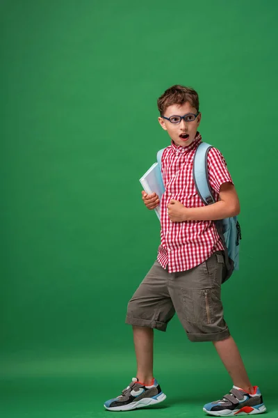 Gözlüklü Bir Öğrencinin Elinde Bir Kitap Bir Çanta Tutmasına Şaşırmış — Stok fotoğraf