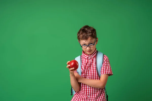 Ciddi Bir Özenli Çocuk Elinde Kitap Bir Apple Tutuyor Kurulun — Stok fotoğraf