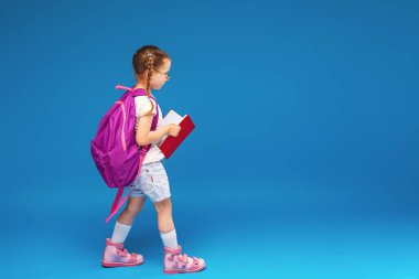 Gözlüklü mutlu küçük kız ilk kez okula gidiyor. Elinde okul çantası ve mavi bir arka planda kitabı olan uzun boylu bir çocuk. Sınıftaki çocuk. Okula geri dön..