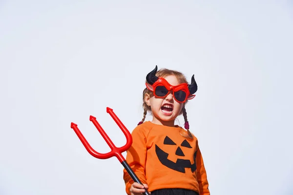 Happy Halloween Child Devil Costume Trident Horns Preparing Holiday Intimidating — Stock Photo, Image