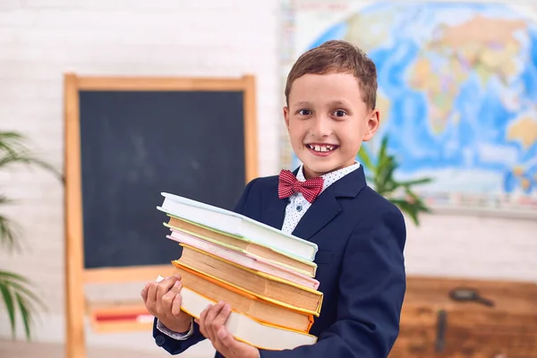 Cute Inquisitive Little Schoolboy Wears School Textbooks Child Uniform Pile — Stock Photo, Image