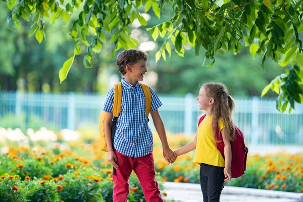 Aluno Escola Primária Menino Menina Com Mochilas Andando Rua Abaixo — Fotografia de Stock