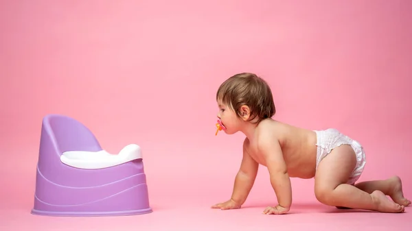 穿着尿布的可爱婴儿爬到便盆上 厕所和便盆培训 小孩子习惯了有用的技能 婴儿坐在便便便便便便便便便便上 — 图库照片