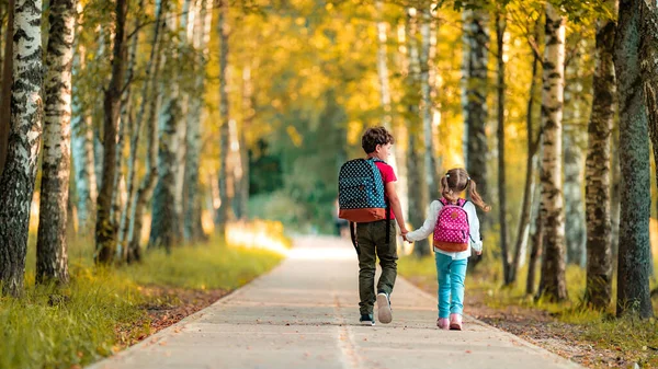 Elève Primaire Garçon Fille Avec Des Sacs Dos Marchant Dans — Photo