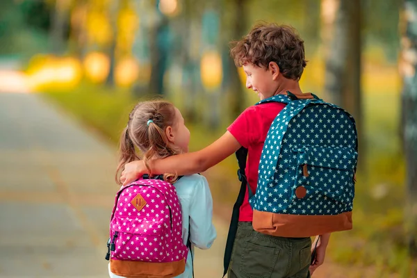 Uczeń Szkoły Podstawowej Chłopiec Dziewczyna Plecakami Idący Ulicą Szczęśliwe Dzieci — Zdjęcie stockowe