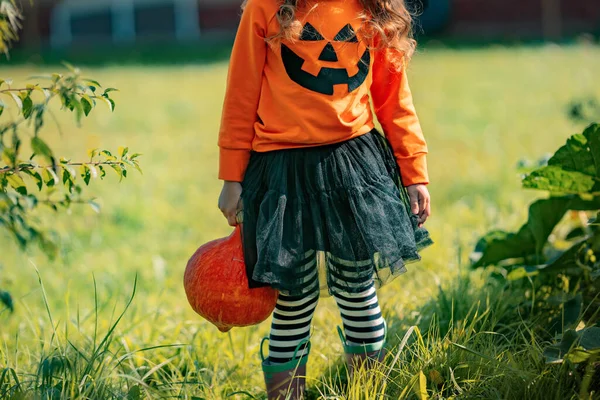 Oigenkännlig Flicka Halloween Kostym Och Hålla Orange Pumpa Stående Gräsmatta — Stockfoto