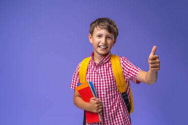 Sırt çantalı pozitif okul çocuğu onay işareti veriyor. Okula geri dönüyor. Çocuk gülümsüyor ve mor bir arka planda poz veriyor, okula dönmekten mutlu.
