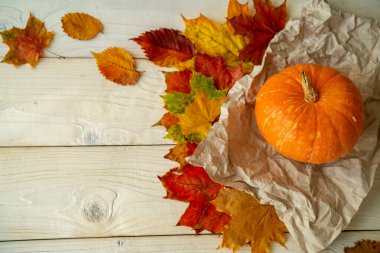 Sonbahar Şükran Günü geçmişi. Beyaz masa manzaralı balkabağı ve renkli akçaağaç yaprakları. Uzayı kopyala Sonbahar havası.