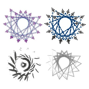 Mor radyal süs. Mavi ok sembolü. Siyah soyut mandala. Gri dairesel yıldız. EPS 10.