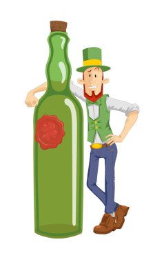 Viski şişeli bir leprikon. Aziz Patrick Günü için vektör illüstrasyonu. Pub tasarım davet ögesi.