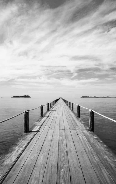 Siyah beyaz manzara mavi denizde tropik sahilde ahşap köprü.