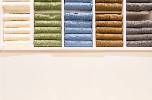 Many Colorful Towels Folding Shelfs Store Sales — Stock Photo, Image