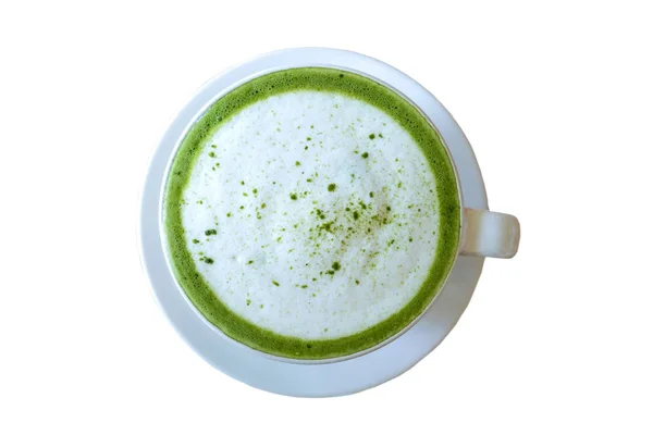 Verde Caldo Matcha Latte Tazza Bianca Bevanda Con Latte Isolato — Foto Stock