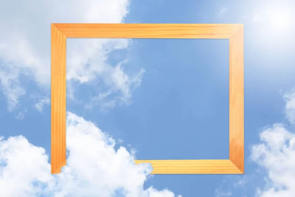 Square Wooden Frame Creative Beautiful Blue Sky White Clouds Background — стоковое фото