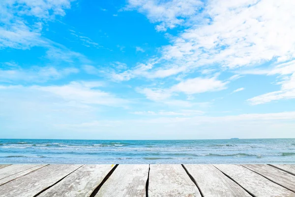 Empty Wood Desk Summer Blue Sea Background Blank Space Text — Fotografia de Stock