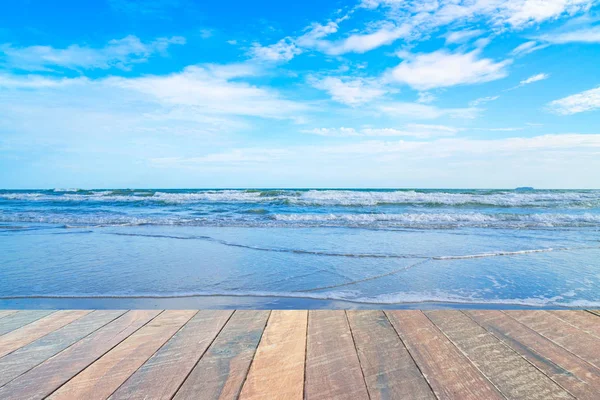 Empty Wood Desk Summer Blue Sea Background Blank Space Text — Fotografia de Stock