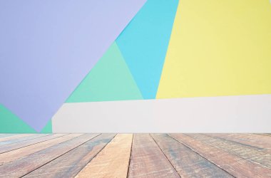 boş ahşap masa ve soyut yaratıcı renkli pastel Kağıt arka plan için. metin ve resim için boş alan.