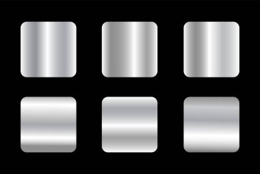 Yuvarlak köşeli altı gümüş metalik kare düğme seti, siyah arkaplanda farklı pürüzsüz krom gradyanlarını gösteriyor