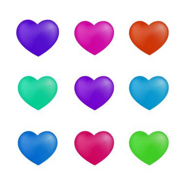 Değişik renklerde (mor, pembe, mavi, yeşil) dokuz canlı üç boyutlu kalp seti, beyaz üzerine izole edilmiş aşkı, sevmeyi ve duyguyu sembolize eder.