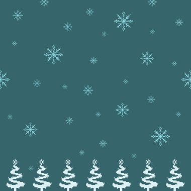 Kar taneleri ve bir sıra kış ağacı içeren büyüleyici bir Noel pikseli sanat deseni. Tatil ve mevsimlik tasarımlar için mükemmel..