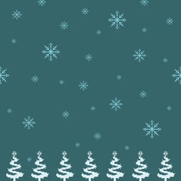 Kar taneleri ve bir sıra kış ağacı içeren büyüleyici bir Noel pikseli sanat deseni. Tatil ve mevsimlik tasarımlar için mükemmel..