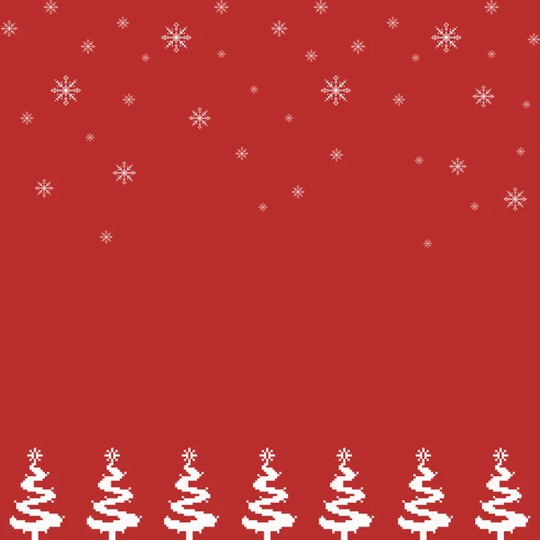 Düşen kar taneleri ve kırmızı zemin üzerinde bir sıra kış ağacı olan büyüleyici bir Noel pikseli sanat deseni. Tatil geçmişi için ideal..
