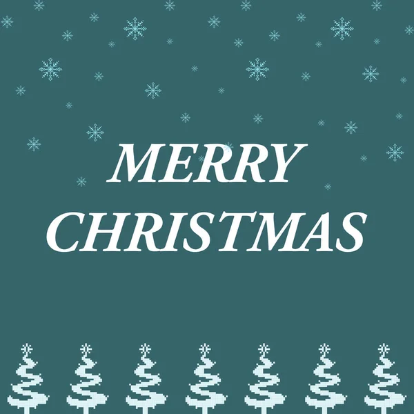 MERRY HRISTMAS pikselli güzel bir sanat kartı, kar taneleri kar yağışı ve gök mavisi arka planda kış ağaçları. Bayram tebrikleri için ideal.