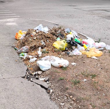 A large pile of trash dumped right on the side of the road. Various waste, including plastic bags, empty bottles, leaves, and household waste, lies on the broken asphalt road, highlighting the careless attitude toward the environment.