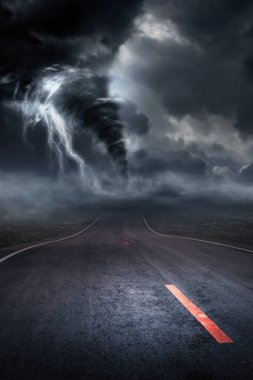 Bir kasırga üreten, yıkıma yol açan büyük bir fırtına. 3D çizim.