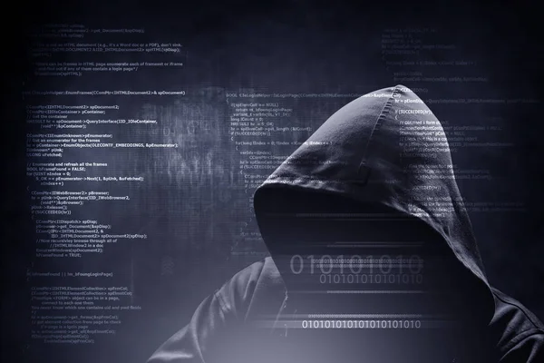 Concepto Crimen Internet Hacker Trabajando Código Sobre Fondo Digital Oscuro — Foto de Stock