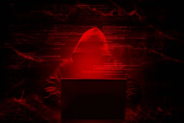 Concepto Crimen Internet Hacker Trabajando Código Sobre Fondo Digital Oscuro — Foto de Stock