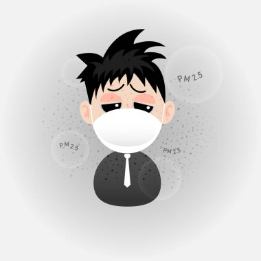 Çizgi film adam açık hava kirliliği korumak için n95 maske takıyor. PM 2.5 toz metre.