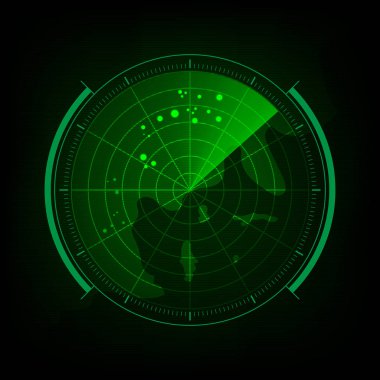 Radar screen with futuristic user interface and digital world map Vector illustration. clipart