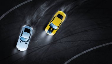 gece 3d render hava üstten görünüm iki araba drift battle 