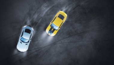 Hava üstten görünüm iki araba savaş gece saat yarış drift 