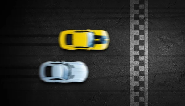 Aerial top view two cars battle on race track going to the finis — Stock Photo, Image