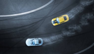 Hava üstten görünüm iki araba yarış pistinde, iki yarış savaş sürüklenen