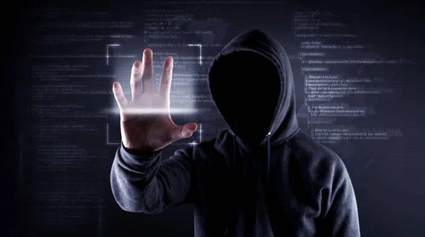 Hackers wear a cloak, not see the face, are scanning hands to ha — Stock Photo, Image