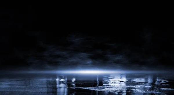 3D візуалізація абстрактної темної порожньої сцени, синій неоновий прожектор — стокове фото