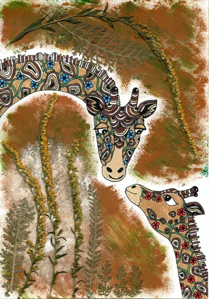 İfadeler birbirine şefkatle bakan iki zürafa. Vücutları süs eşyalarıyla süslenmiştir. Çiçek ve geometrik desenler etnik tabloyu andırır. Etrafında kahverengi-yeşil bir arka plan var.. 
