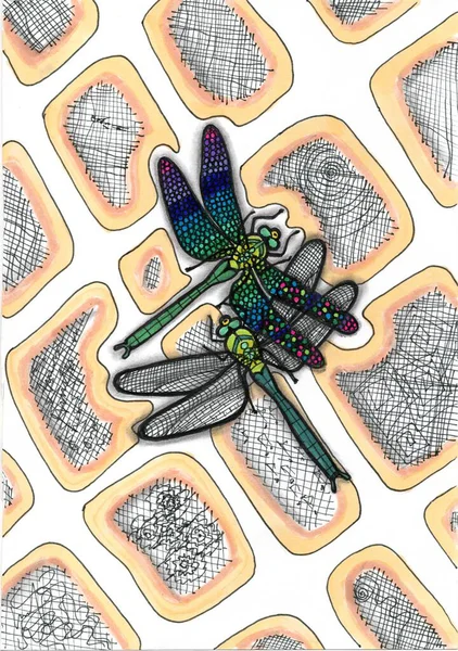 İki yusufçuk tasvir edilir, parlak bir dekoratif tarzda çizilir. Vücutları zengin yeşil gölgelerle boyanır ve kanatları pürüzsüz noktalar ve eğimlerle süslenir..
