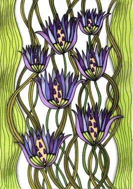 Grafik şeklinde biçimlendirilmiş bir illüstrasyon: uzun yapraklı mor çiçekler ve açık sarı-yeşil merkezler kıvrımlı yeşil ve zeytin saplarıyla iç içe geçmiştir.